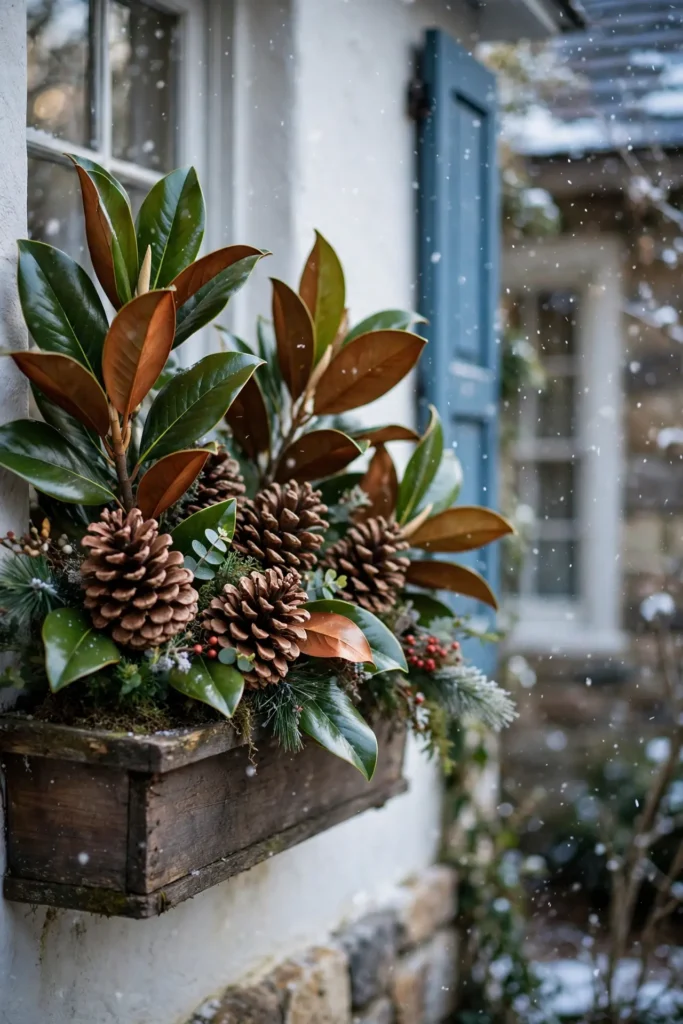 magnolia leaves pinecones christmas window box