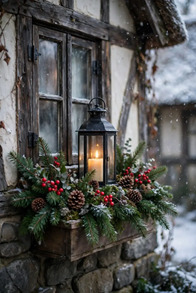 lantern christmas window box greenery