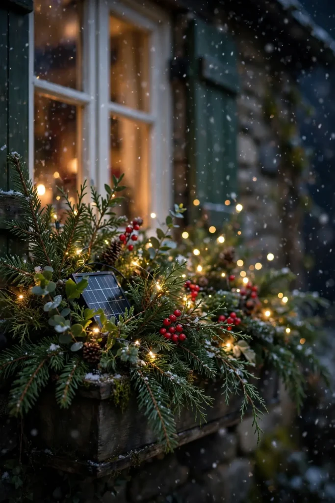 solar lights christmas window box night