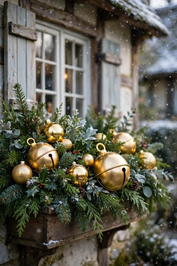 gold ornaments jingle bells christmas window box