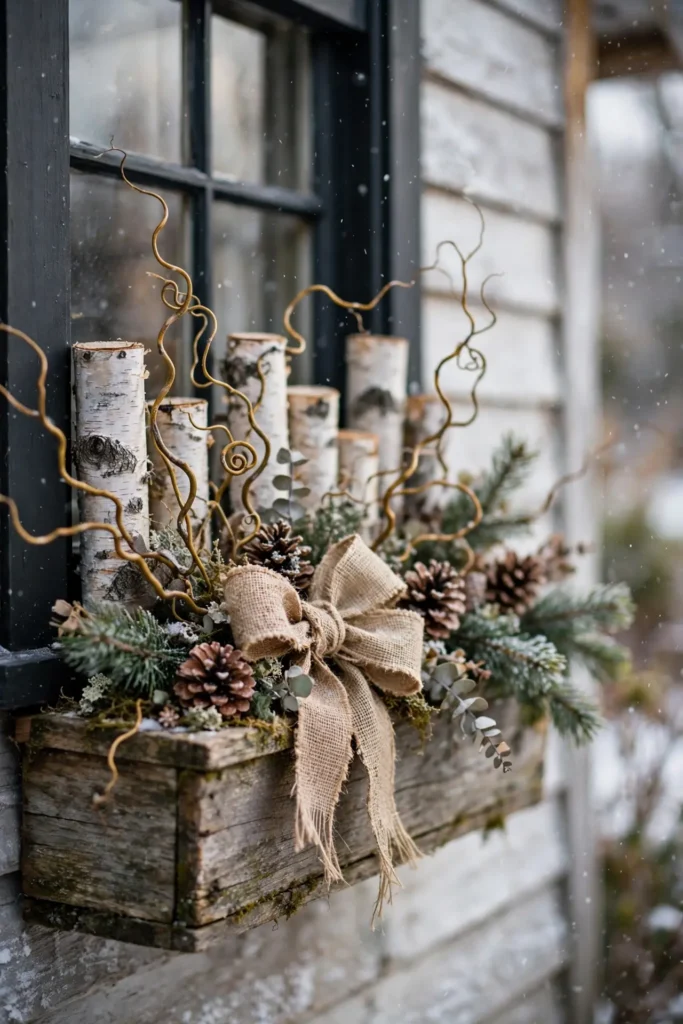 rustic birch log christmas window box woodland