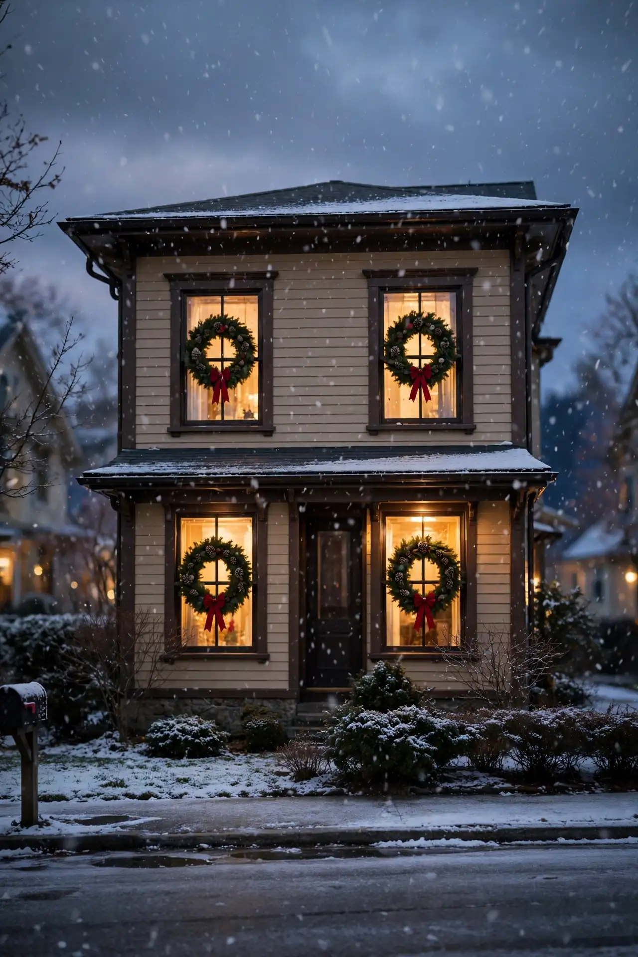 Matching Christmas Wreaths in Every Front Window christmas wreaths for windows matching front house