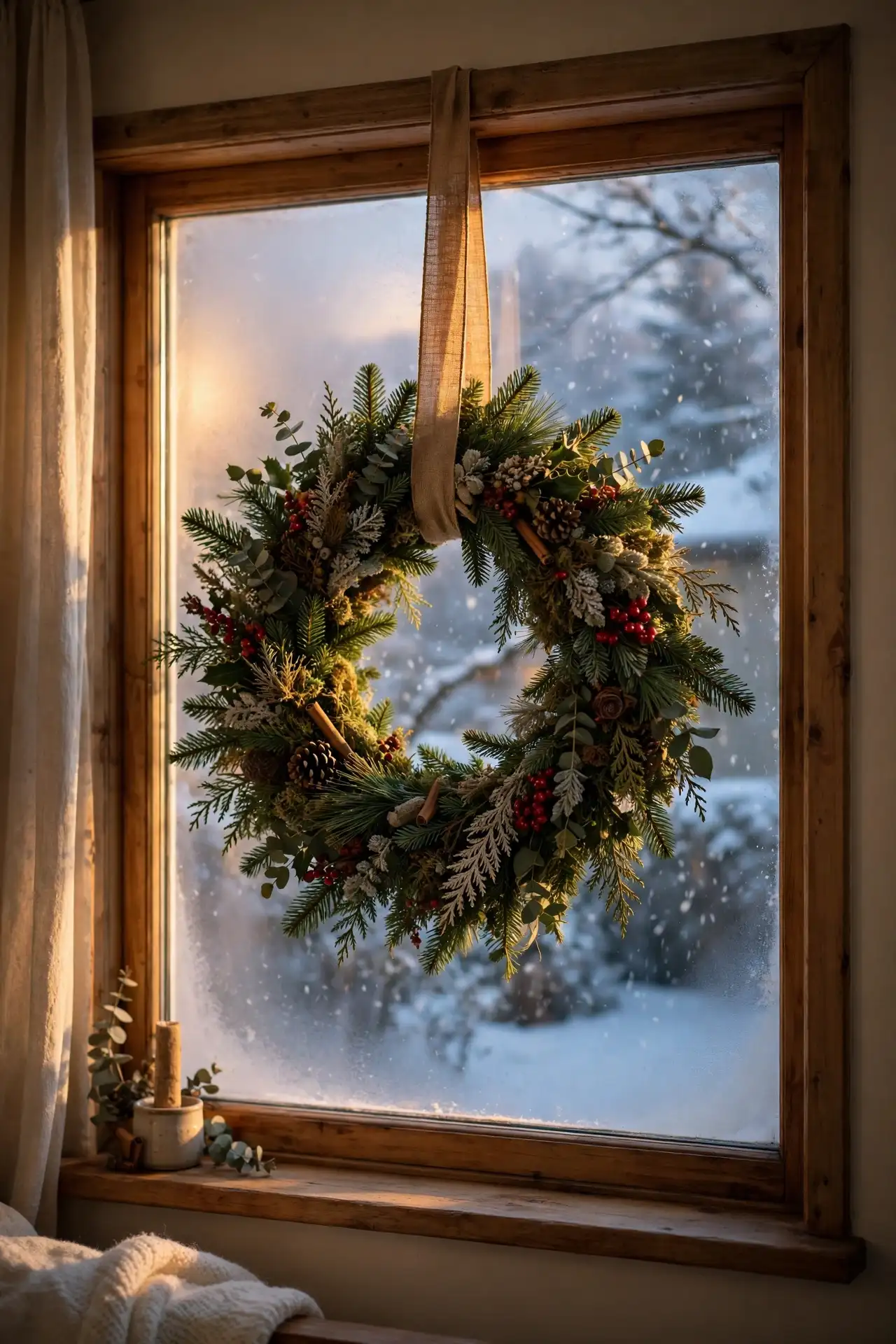 A Statement Wreath Hung Inside the Window wreath inside window ribbon interior view
