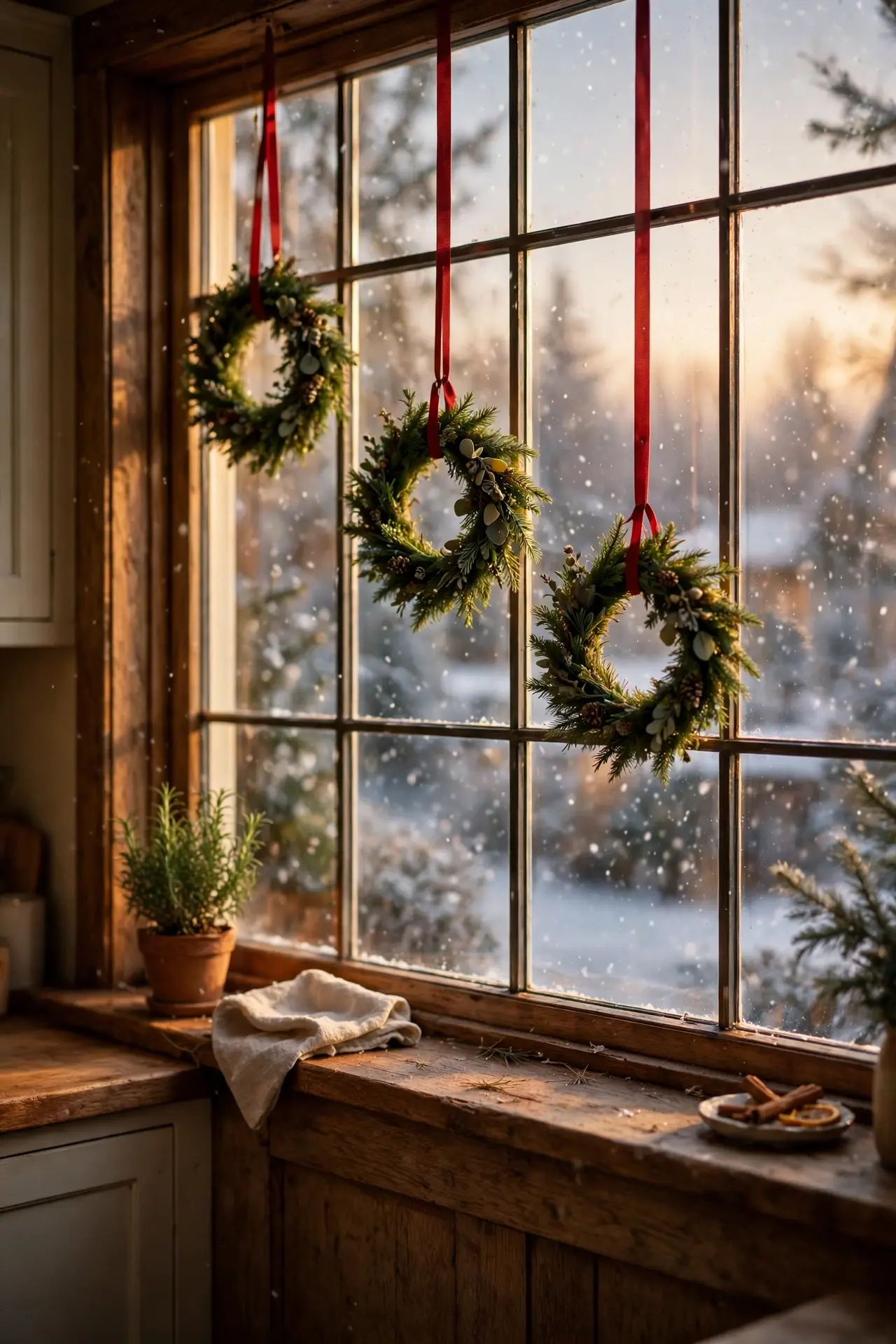 A Row of Mini Wreaths Across a Wide Window mini window wreaths row kitchen window