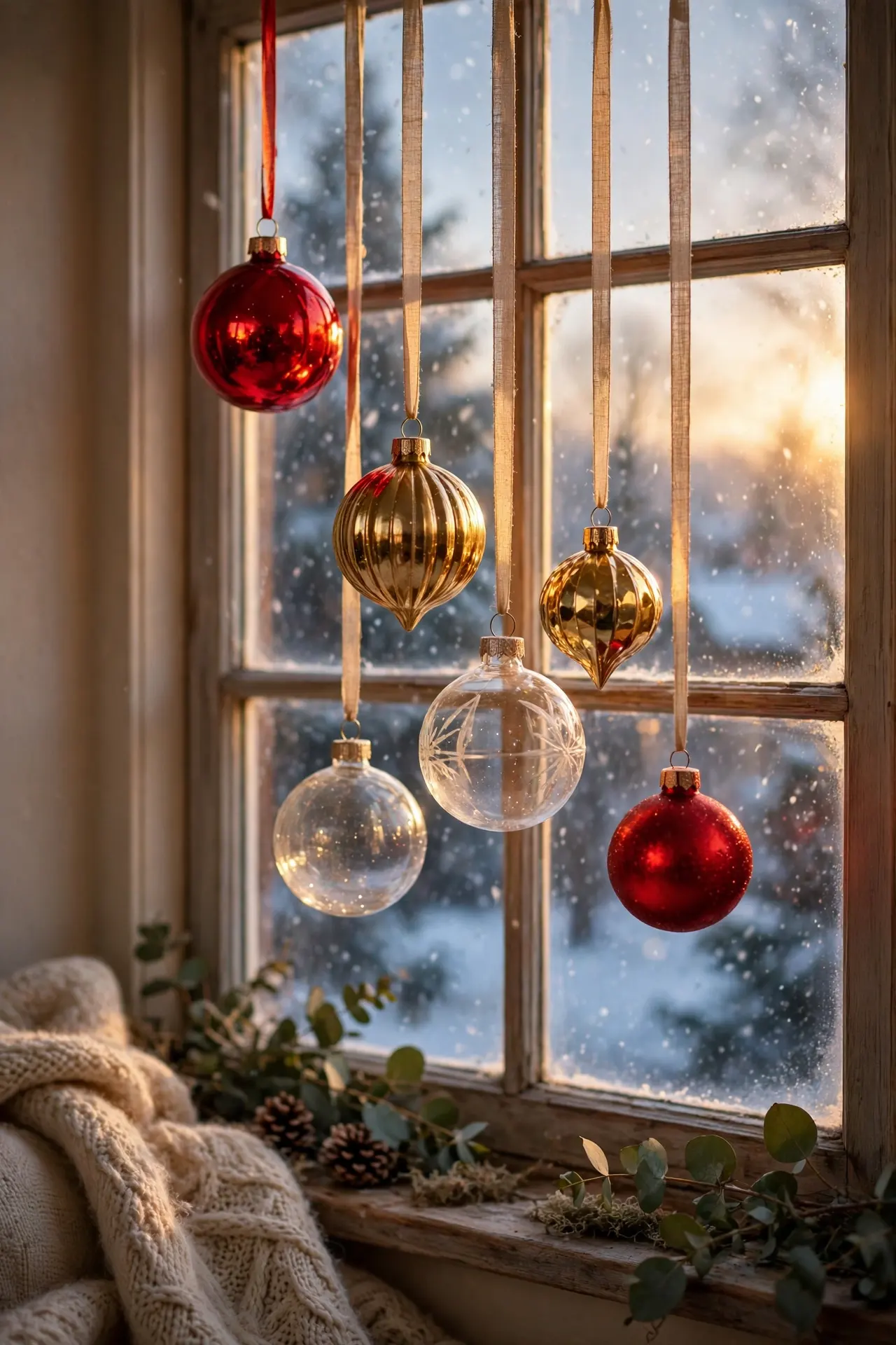 Ornaments Hanging at Staggered Heights in a Window hanging ornaments window ribbon different heights