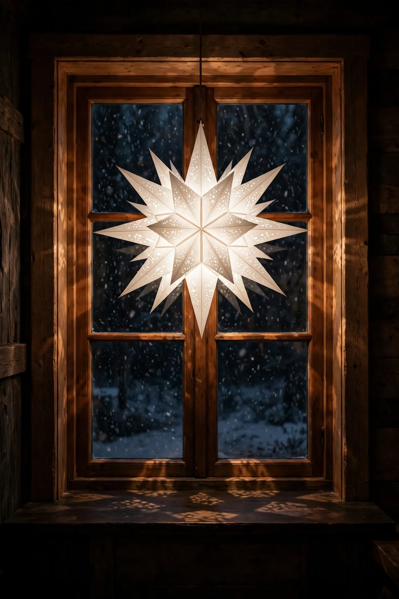 A Glowing Paper Star in the Center Window paper star light center window christmas