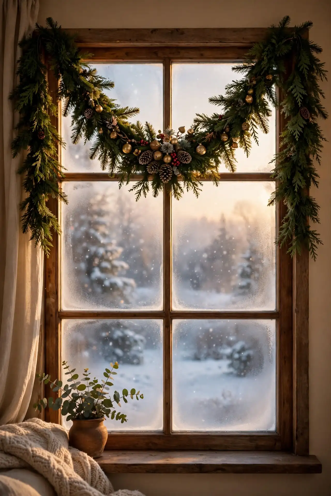 A Garland Swag Across the Top of the Window Frame garland swag top of window frame christmas