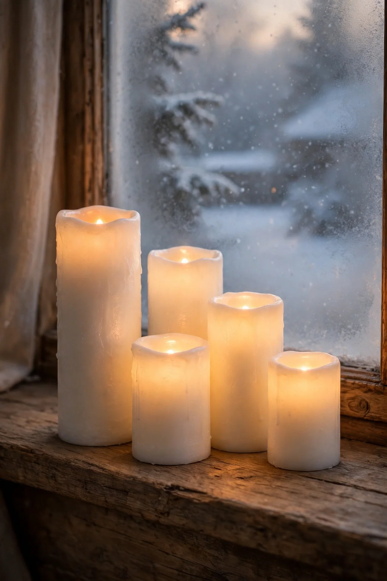 LED Candles at Varied Heights on the Windowsill led candles windowsill varied heights christmas