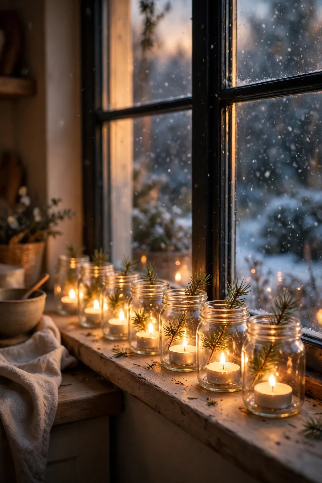 Tea Light Jars Lined Along the Windowsill floating candle jars windowsill tea lights
