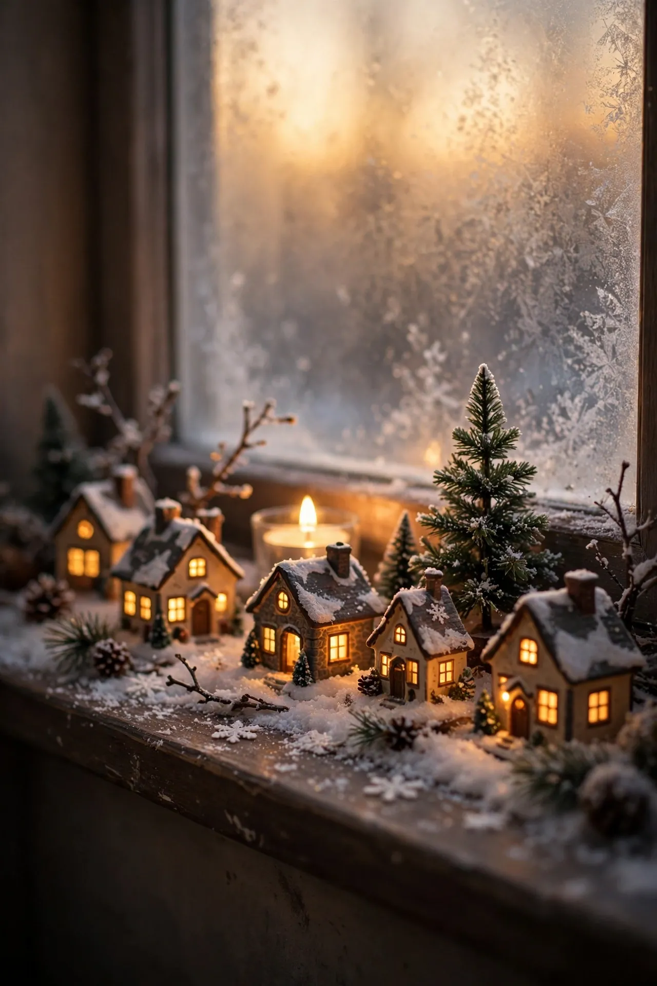 A Miniature Village Along the Windowsill windowsill christmas village mini houses