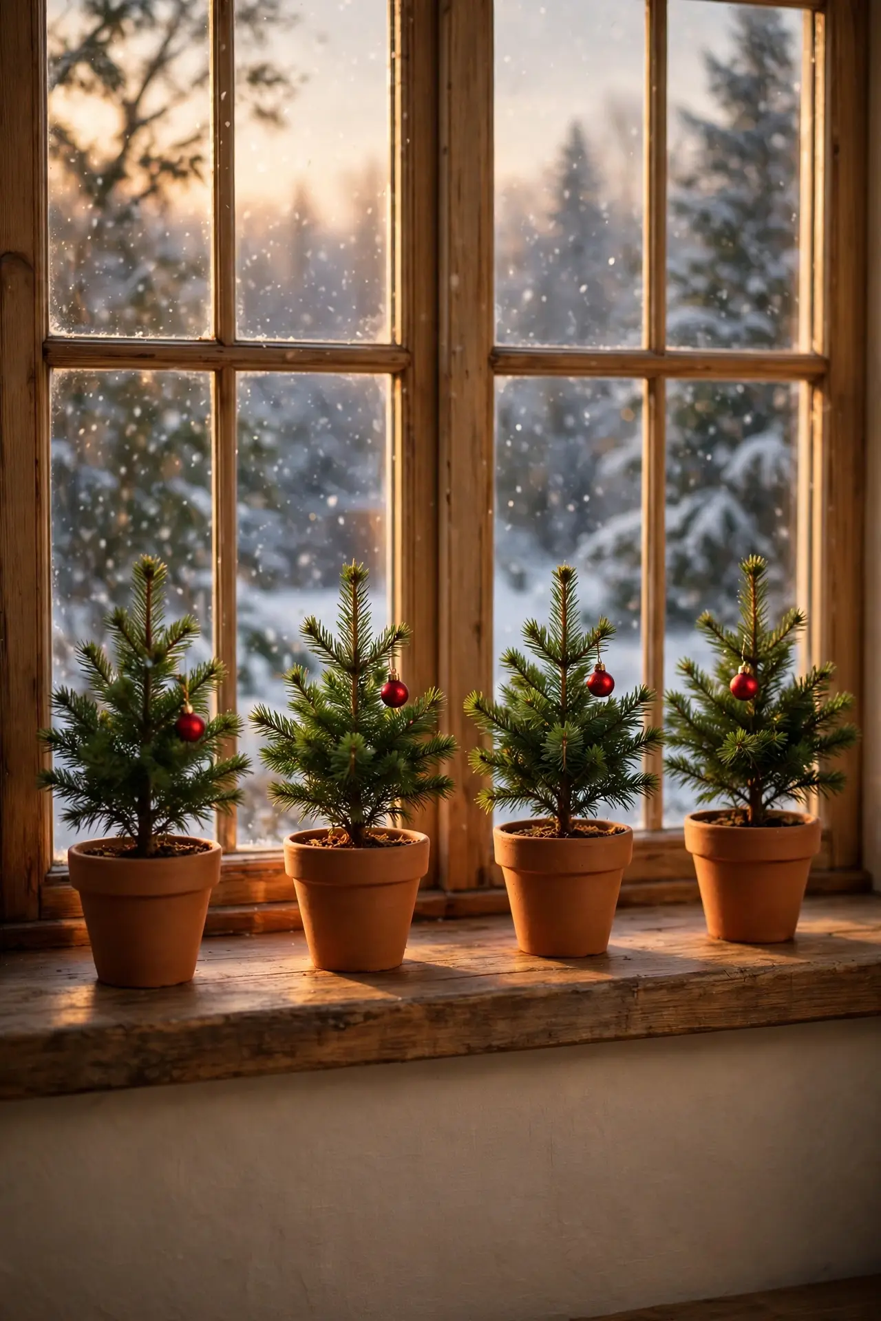 Mini Potted Evergreens Lined Up on the Sill mini potted evergreens windowsill row