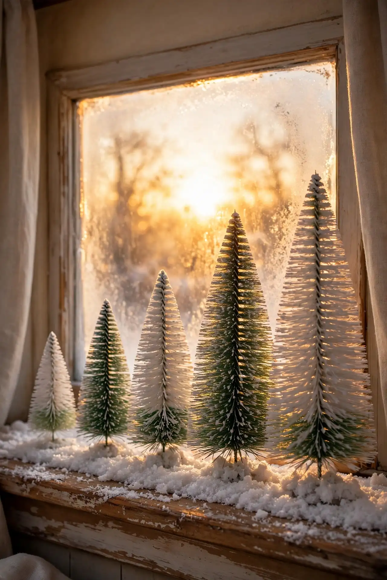 Bottle Brush Trees Arranged on the Windowsill bottle brush trees windowsill display christmas