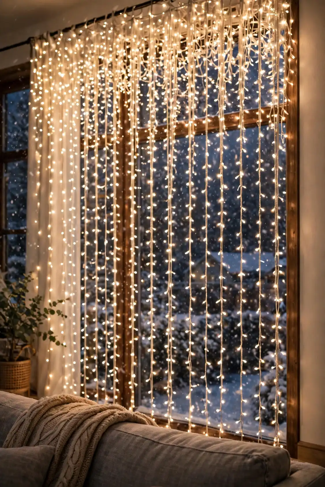 Curtain Lights Hanging Down the Window Glass curtain lights hanging window glass christmas