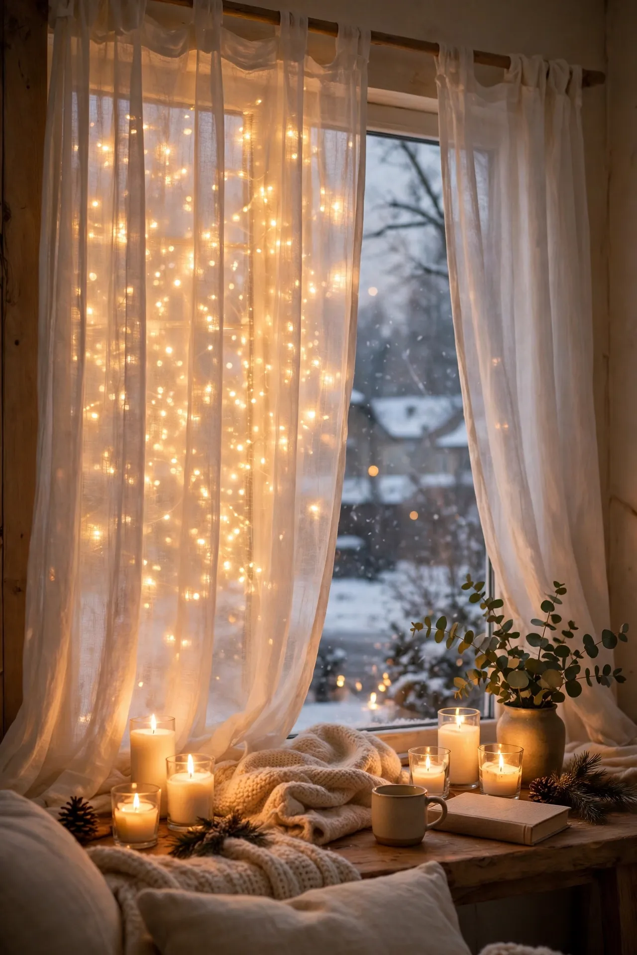 Fairy Lights Woven Through Sheer Curtains fairy lights sheer curtains window glow