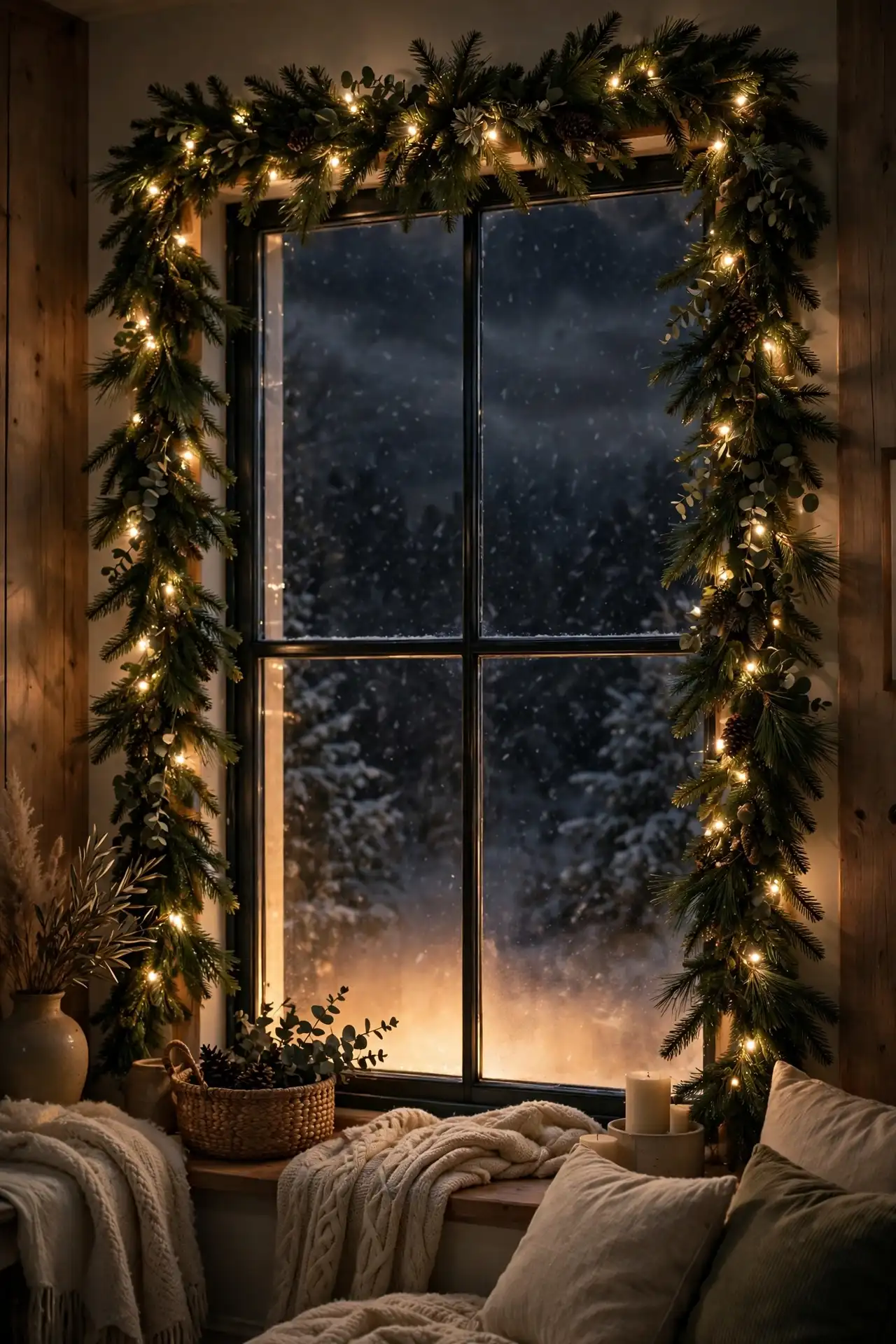 A Lit Garland Framing the Whole Window lit garland frame around window christmas