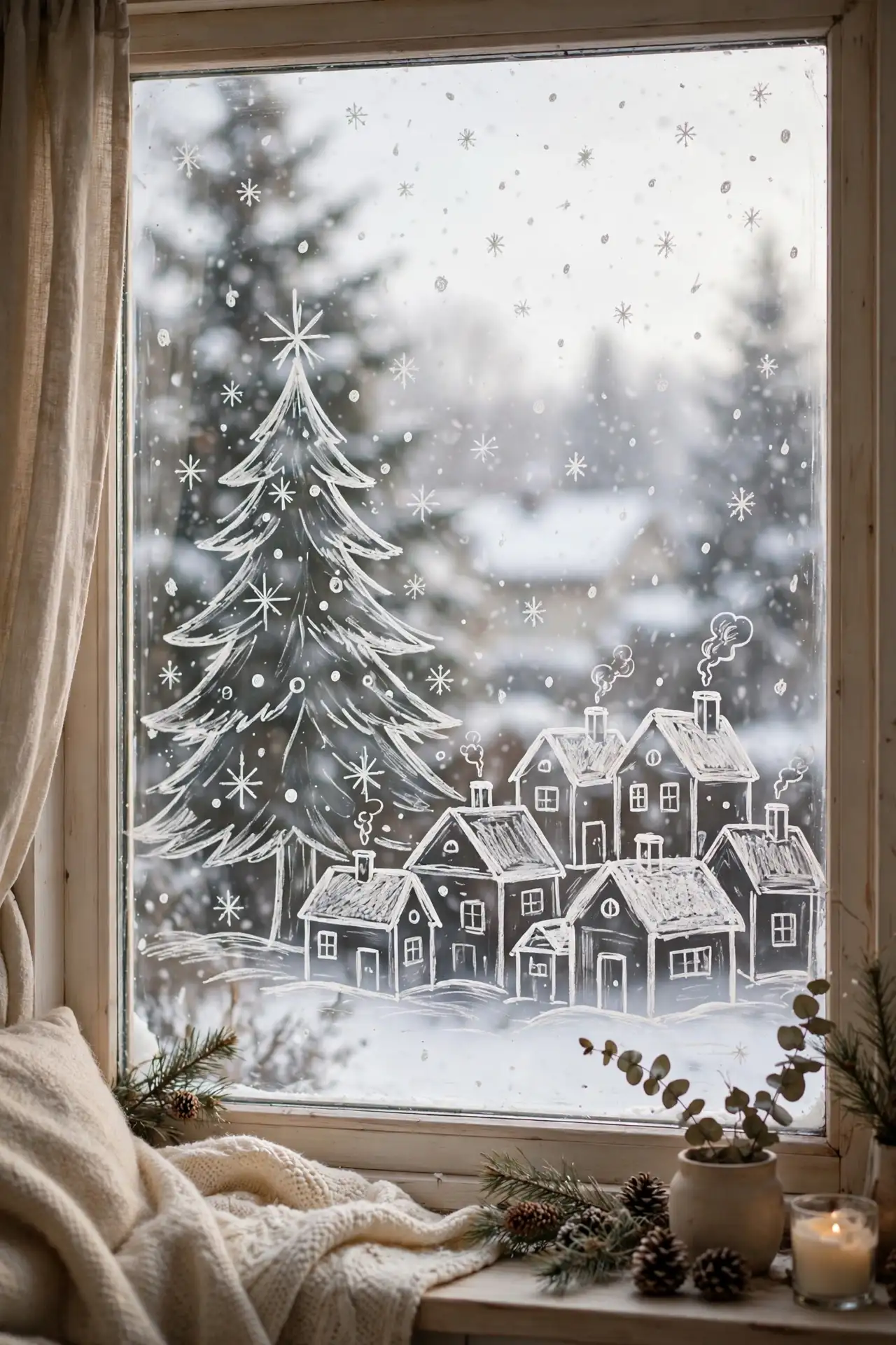 Hand-Drawn Chalk Marker Art on a Window chalk marker window art christmas drawing