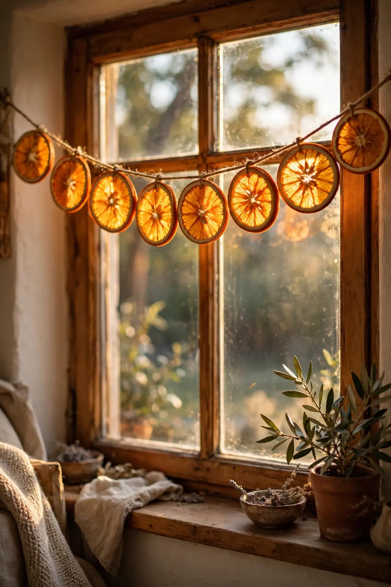 A Dried Orange Slice Garland Across the Window dried orange slice garland window christmas