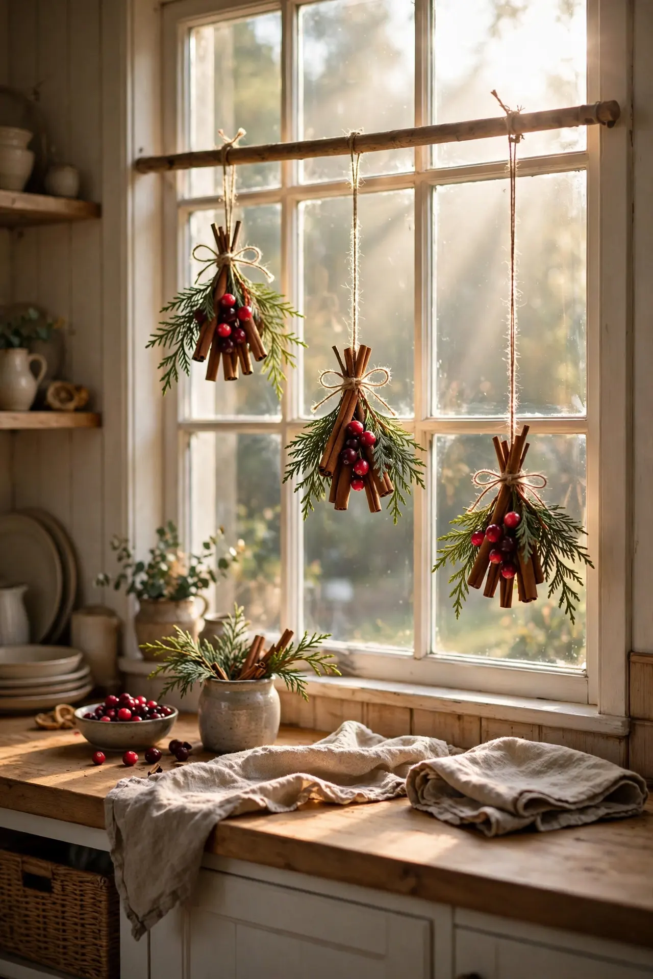 Cinnamon and Cranberry Bundles Hanging in a Window cinnamon cranberry bundles hanging window