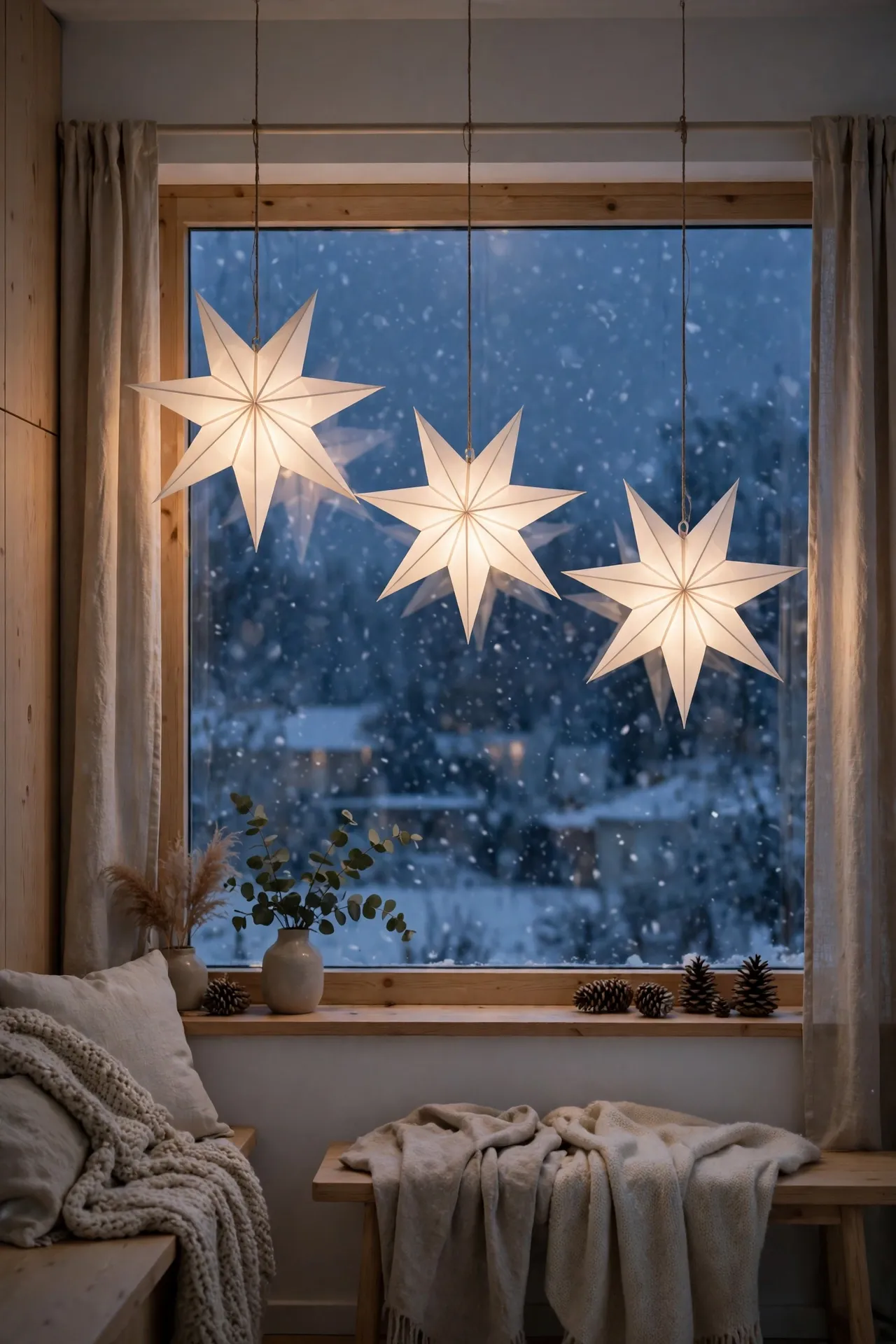 A Row of Paper Star Lanterns in the Window paper star lanterns row hanging window