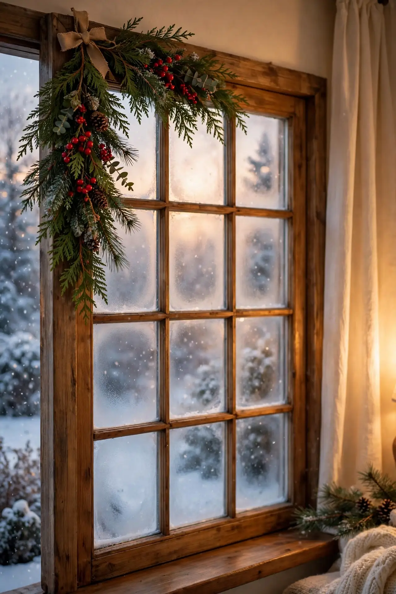 A Fresh Greenery Swag on the Window Frame fresh greenery swag window frame berries