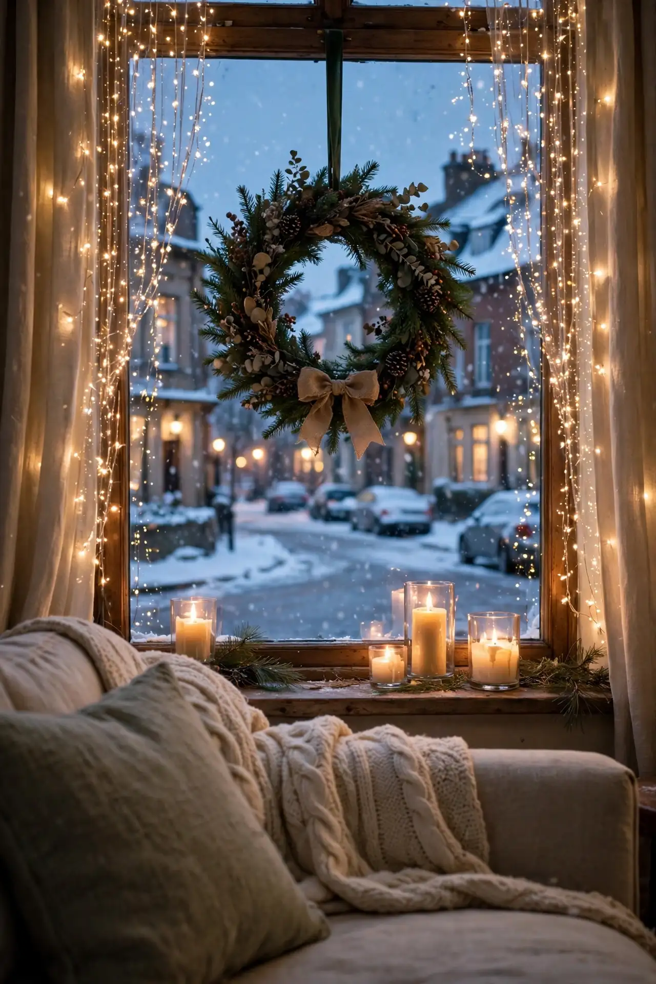 A Window Styled to Read From Inside and Outside christmas window decorated inside outside view