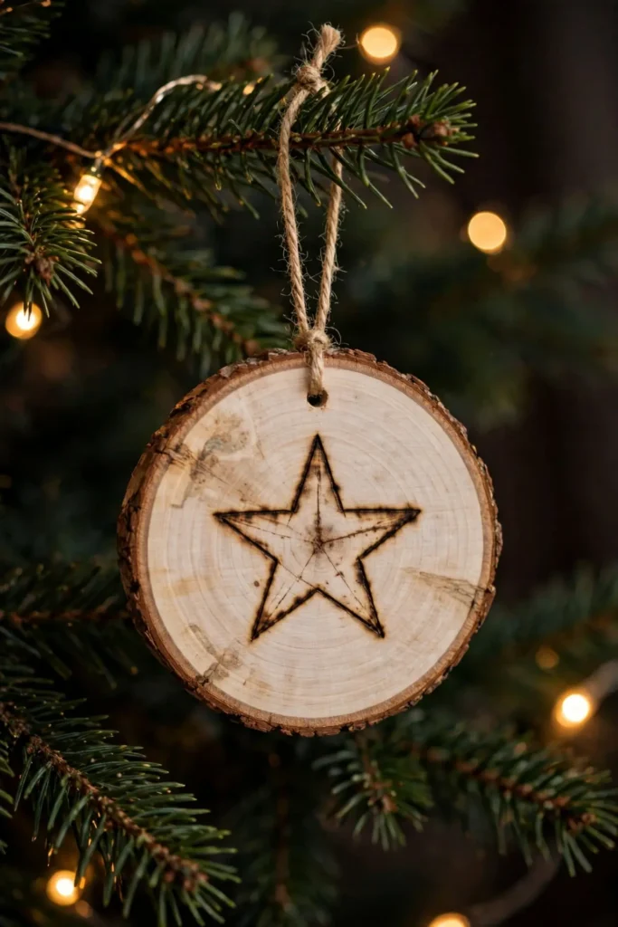 wooden christmas ornament bark edged wood slice burned star