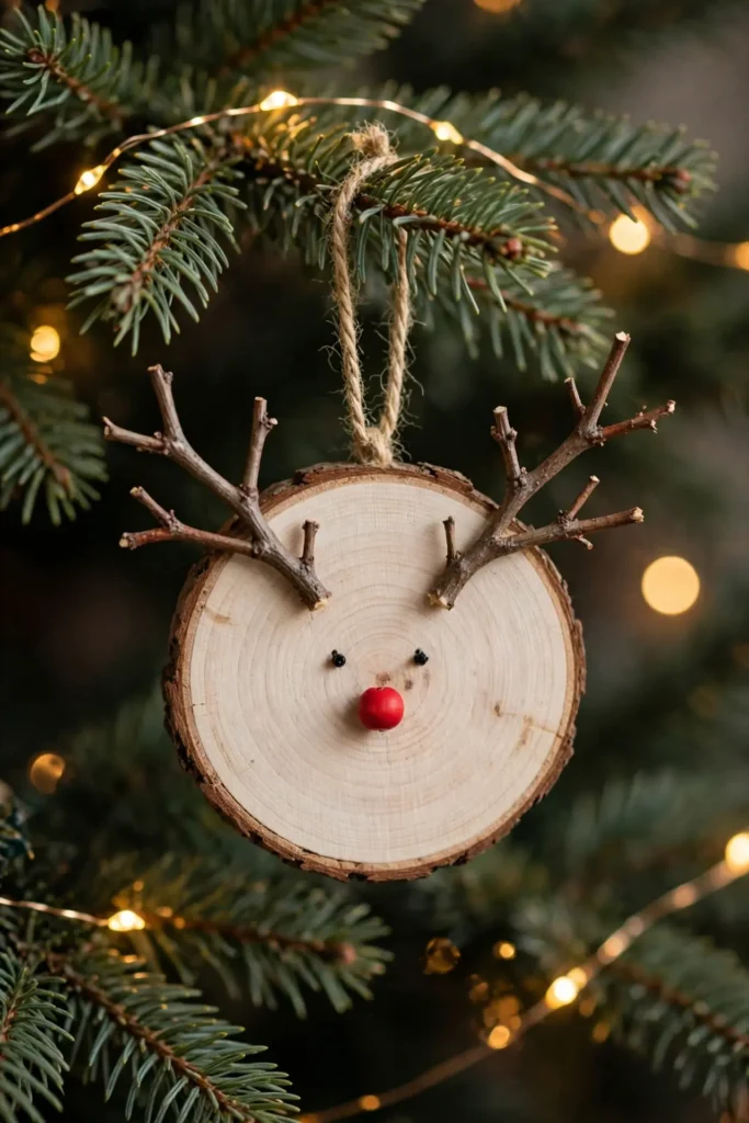 diy wood ornaments reindeer wood slice