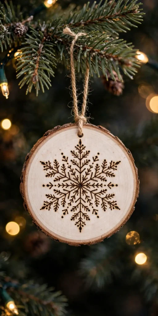 wood burned snowflake ornament pyrography