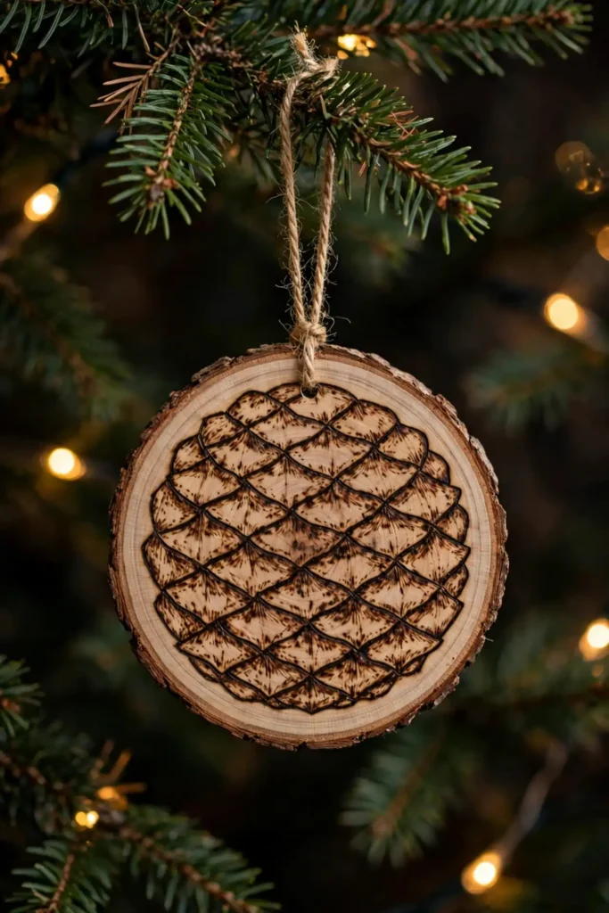 wood burning ornament pinecone pattern disc