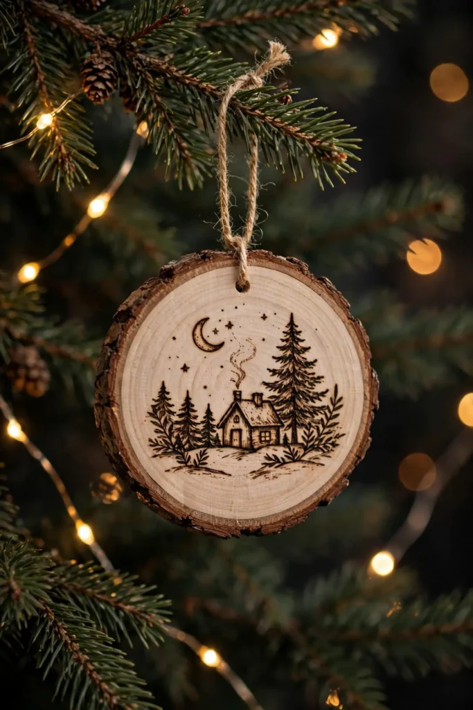 wood burned winter scene ornament disc