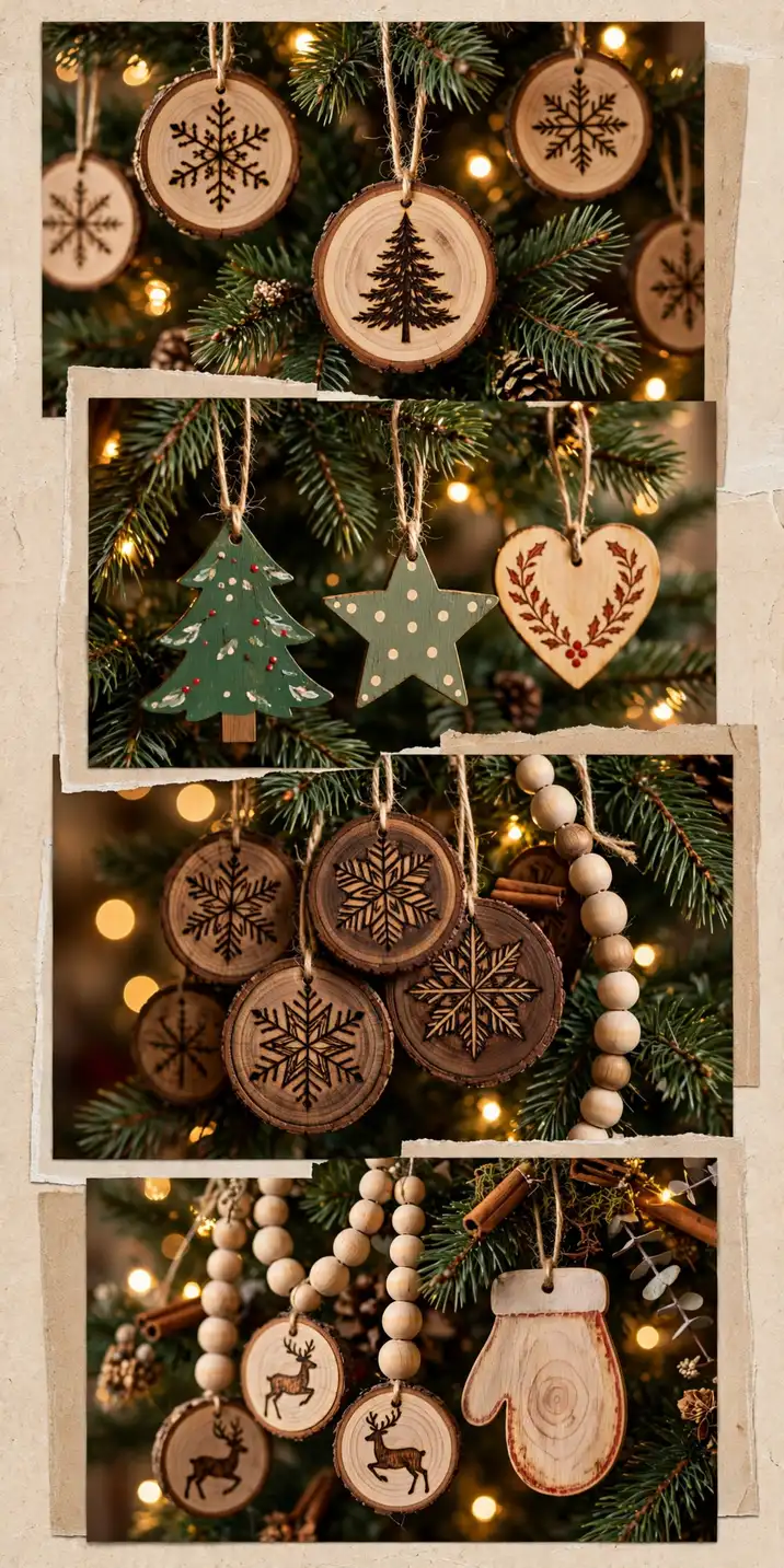 wooden christmas ornament ideas collage of wood slices, painted cutouts, burned discs and wooden beads