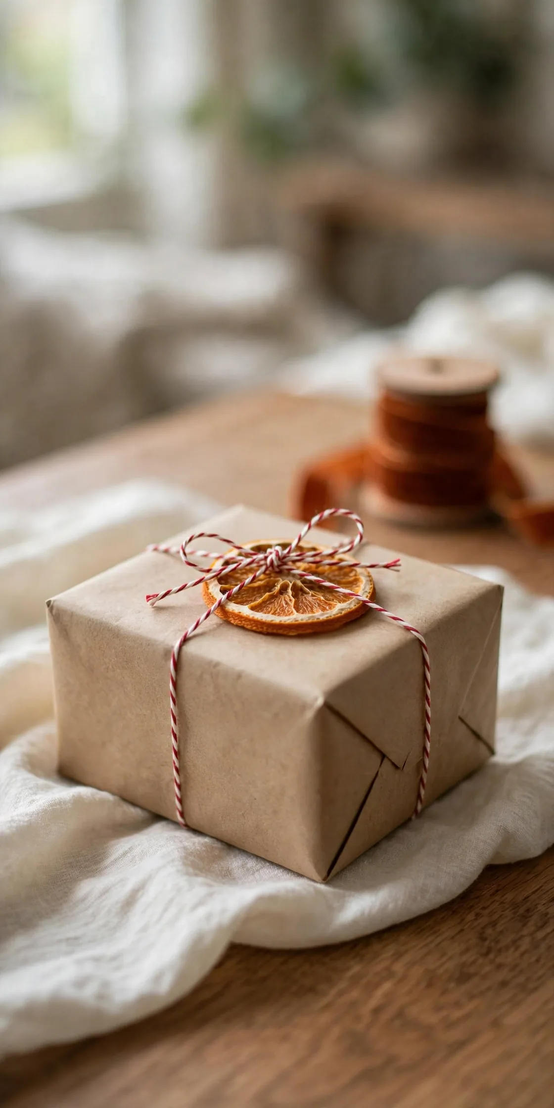 brown paper christmas wrapping ideas with twine and dried orange