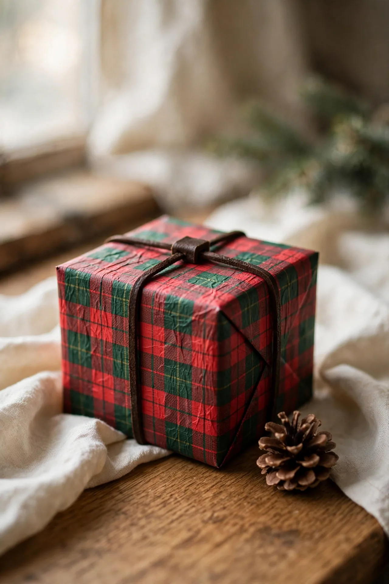 plaid christmas wrapping paper with leather cord
