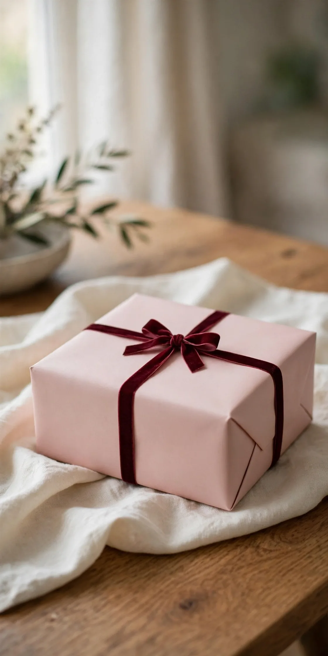 pink christmas gift wrap with burgundy ribbon