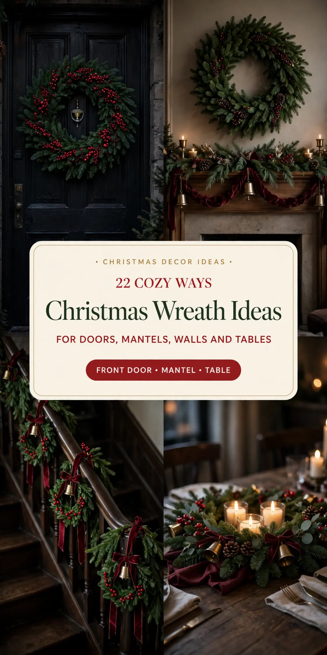 christmas wreath ideas collage of front door, mantel, staircase and table wreaths in deep green fir and burgundy velvet