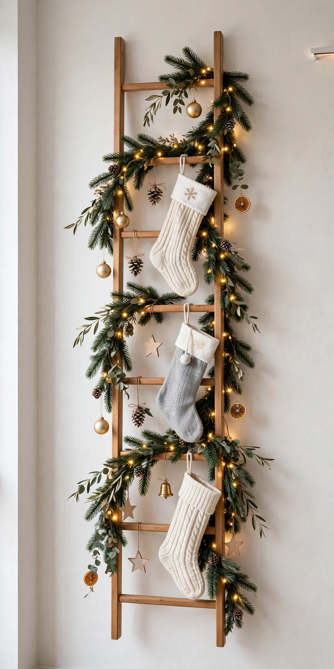 ladder wall christmas tree wrapped lights