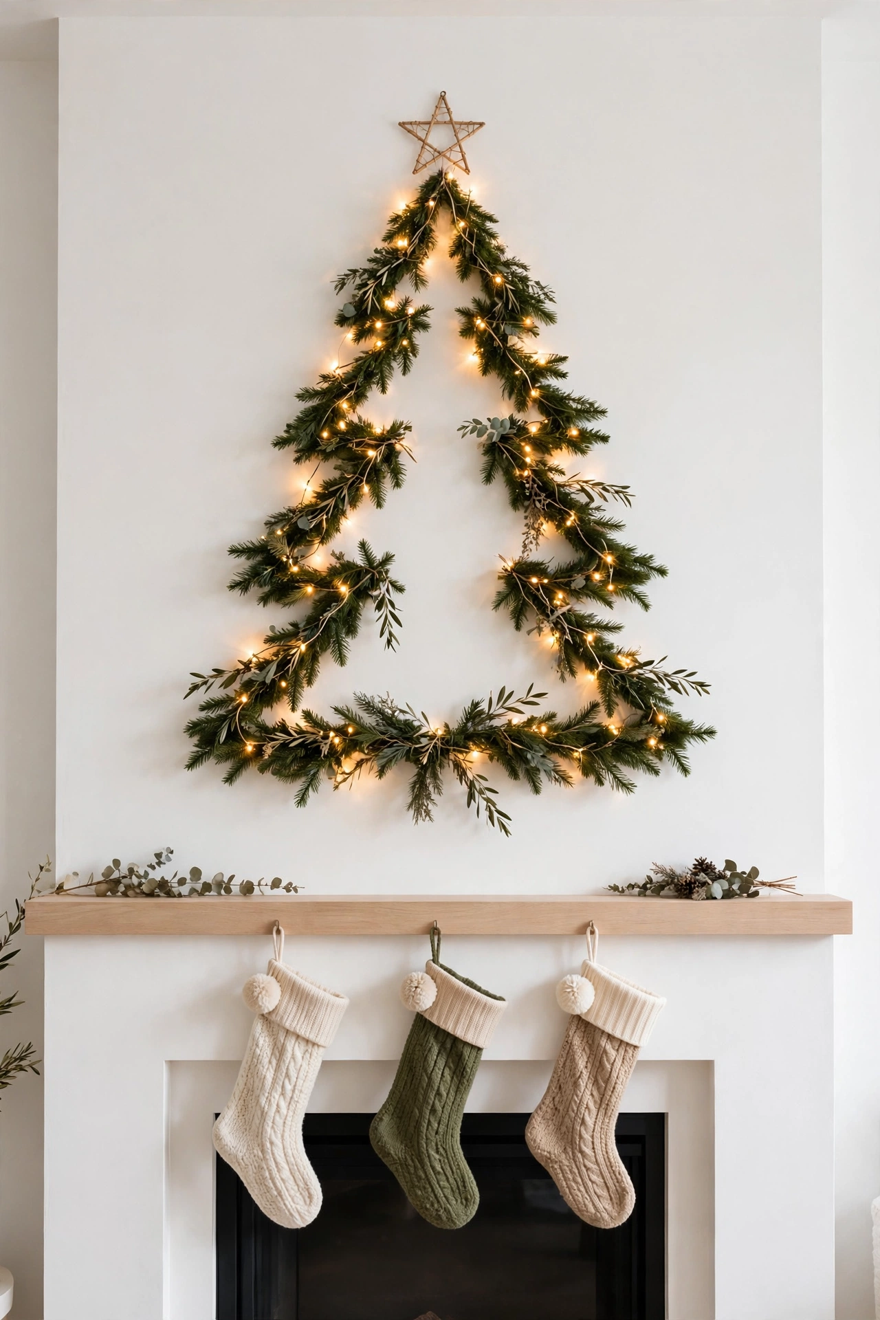wall christmas tree above mantel fireplace