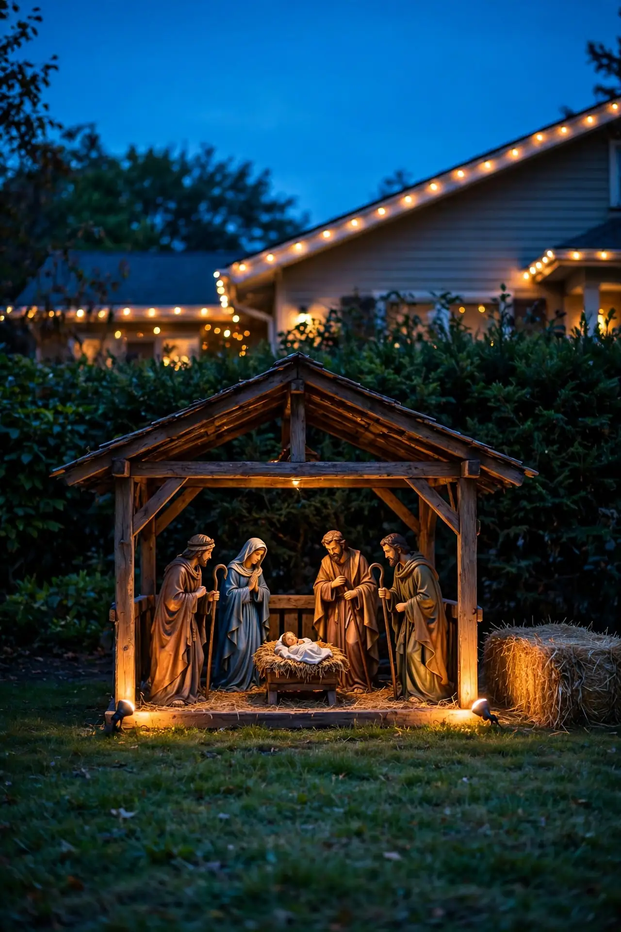 outdoor nativity set front yard evening lights