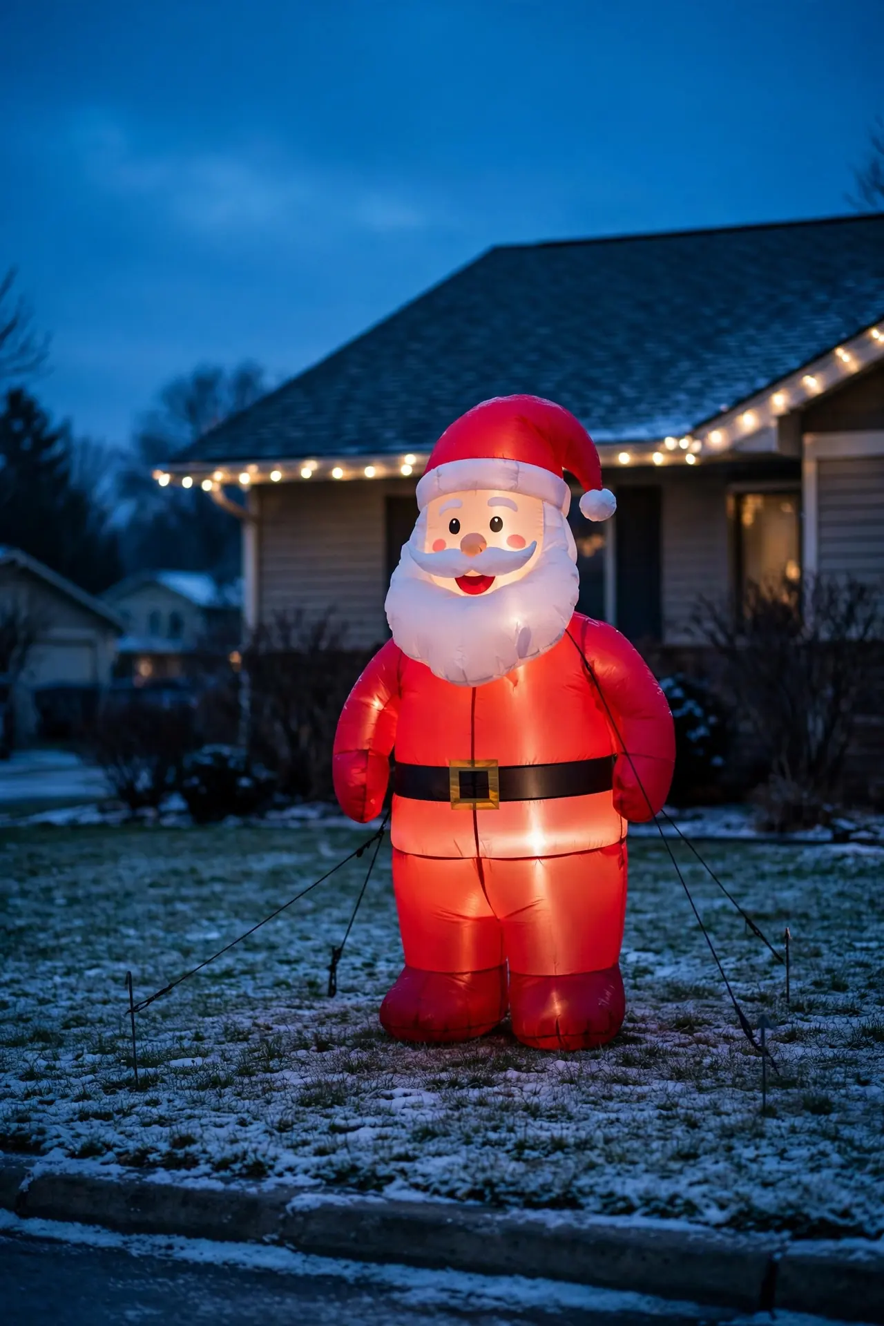 large christmas inflatable front yard dusk