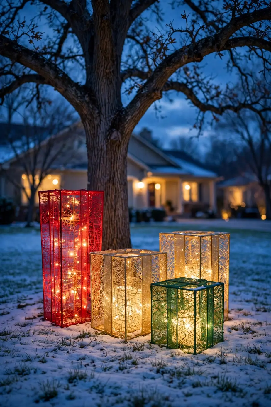 lighted gift boxes under tree front yard