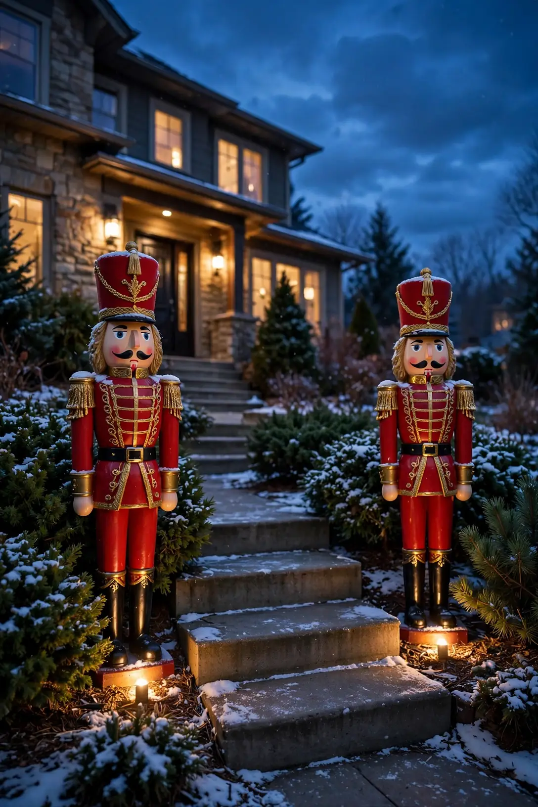 nutcracker statues flanking front steps yard