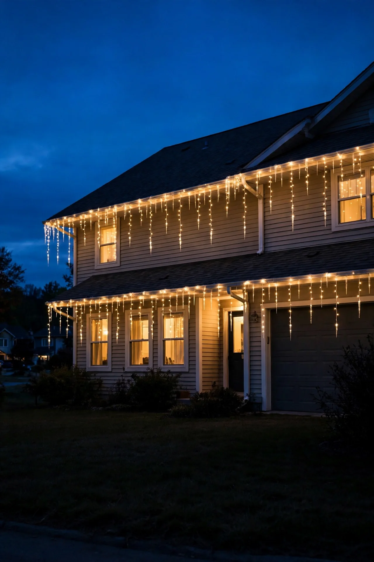 icicle lights along eaves front of house