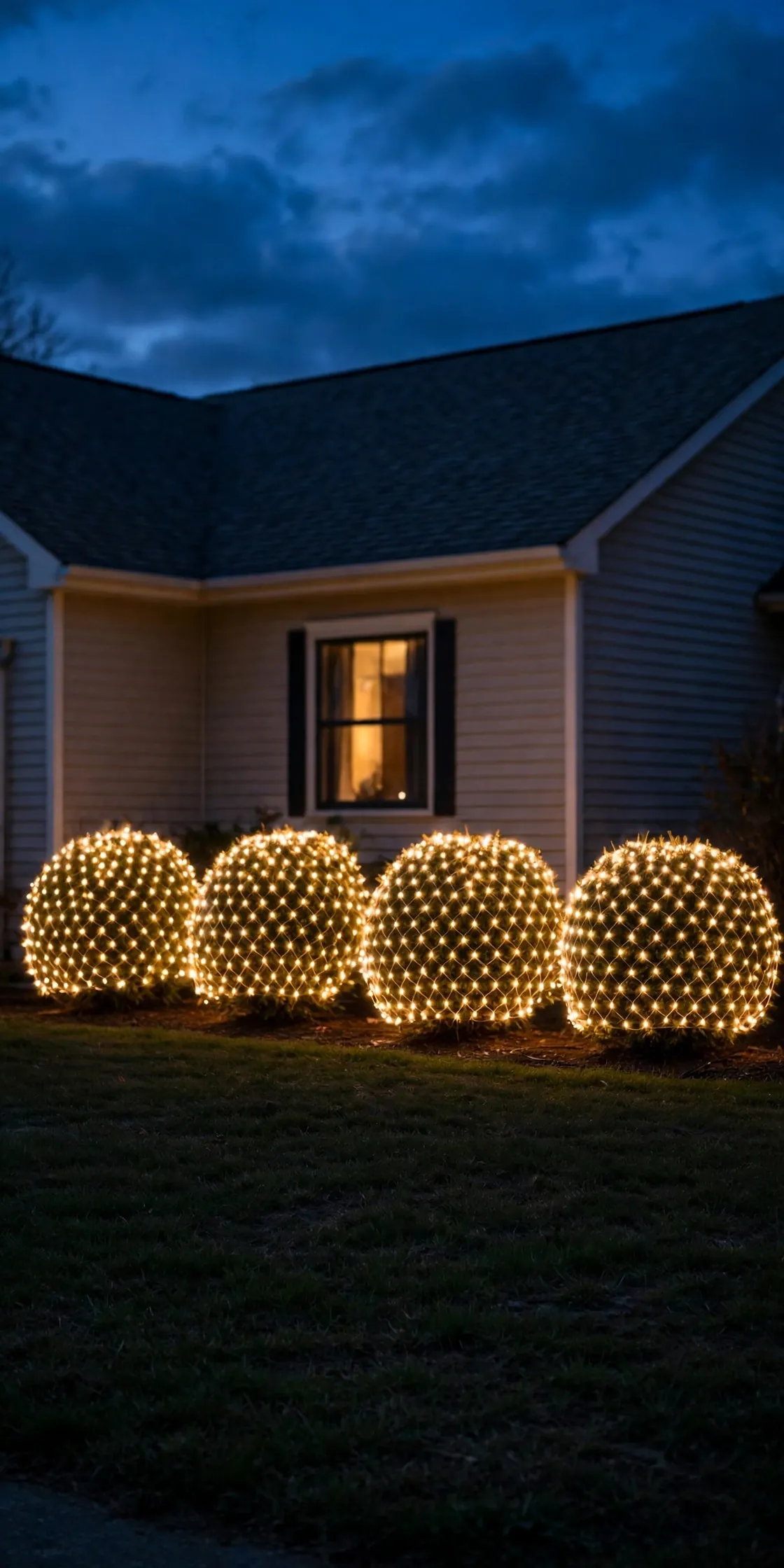 net lights over shrubs front yard christmas