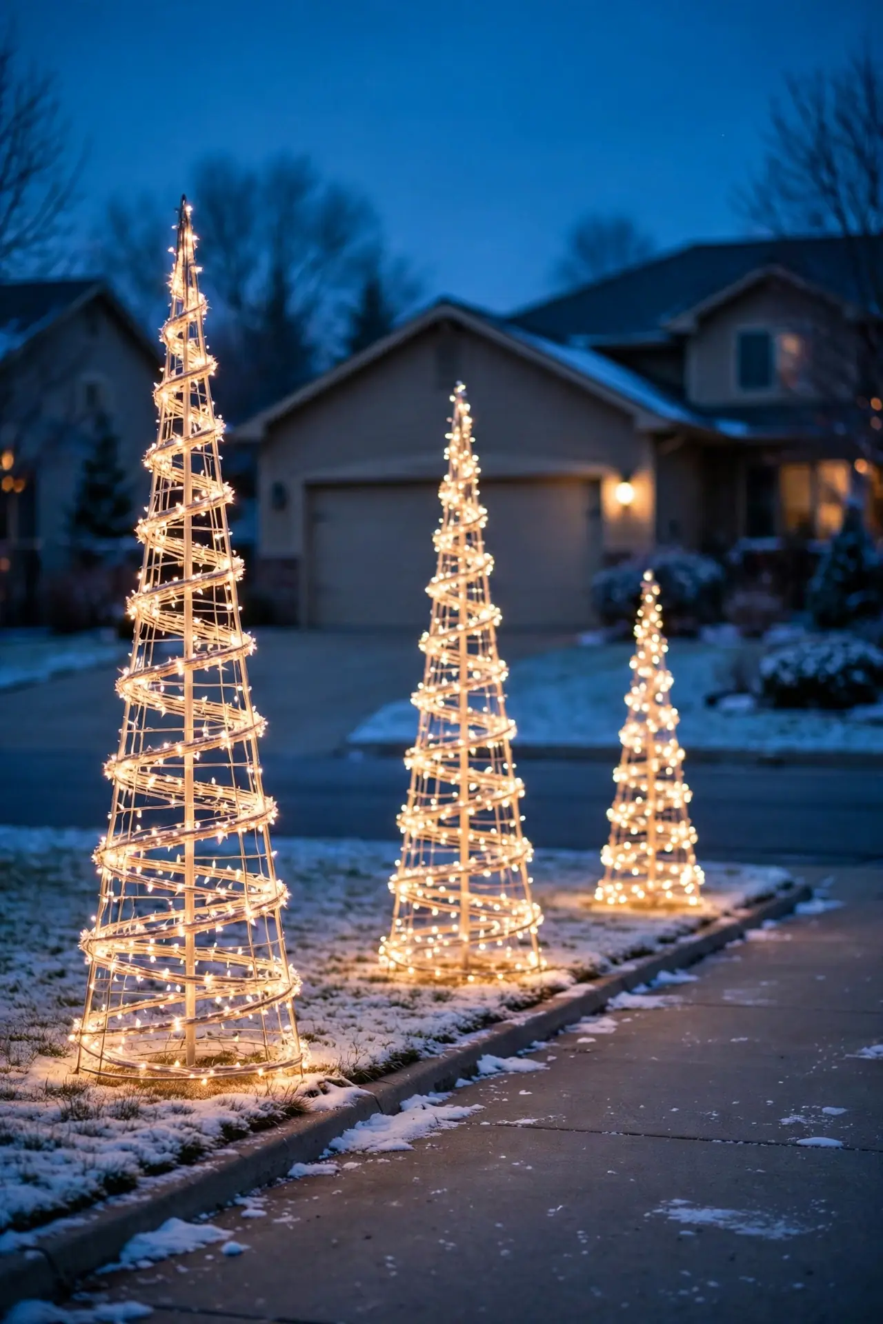 spiral light trees driveway christmas yard
