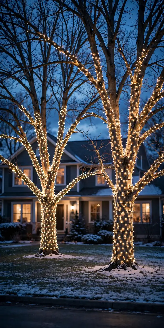 wrapped tree trunk lights front yard christmas