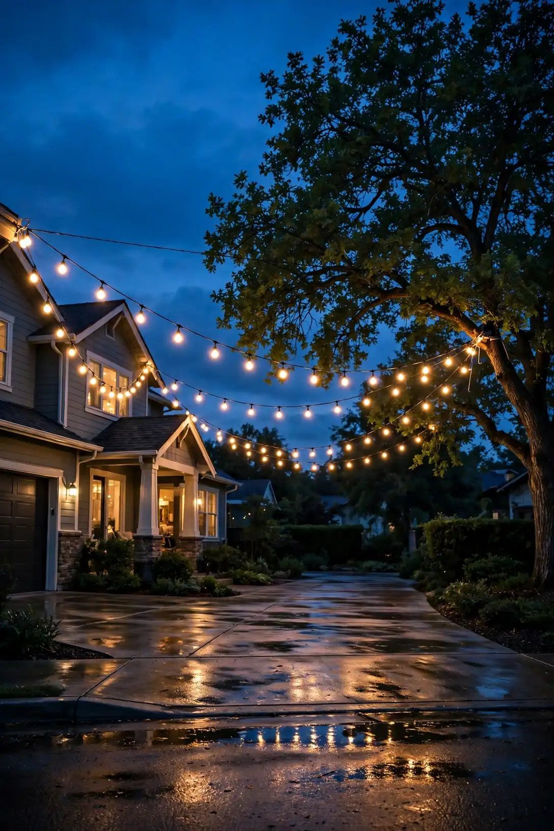 string light swags over driveway christmas