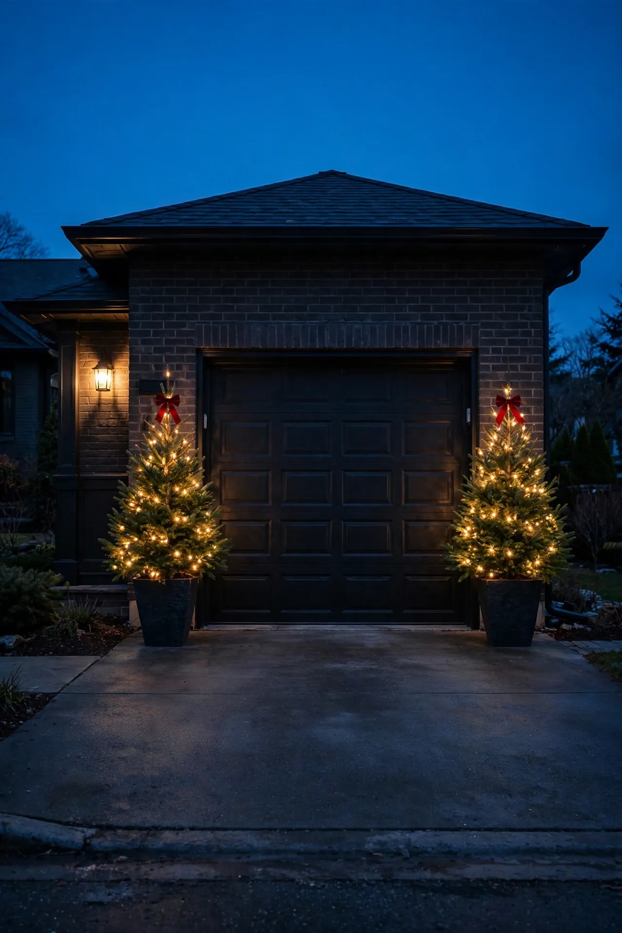 potted mini christmas trees flanking garage door