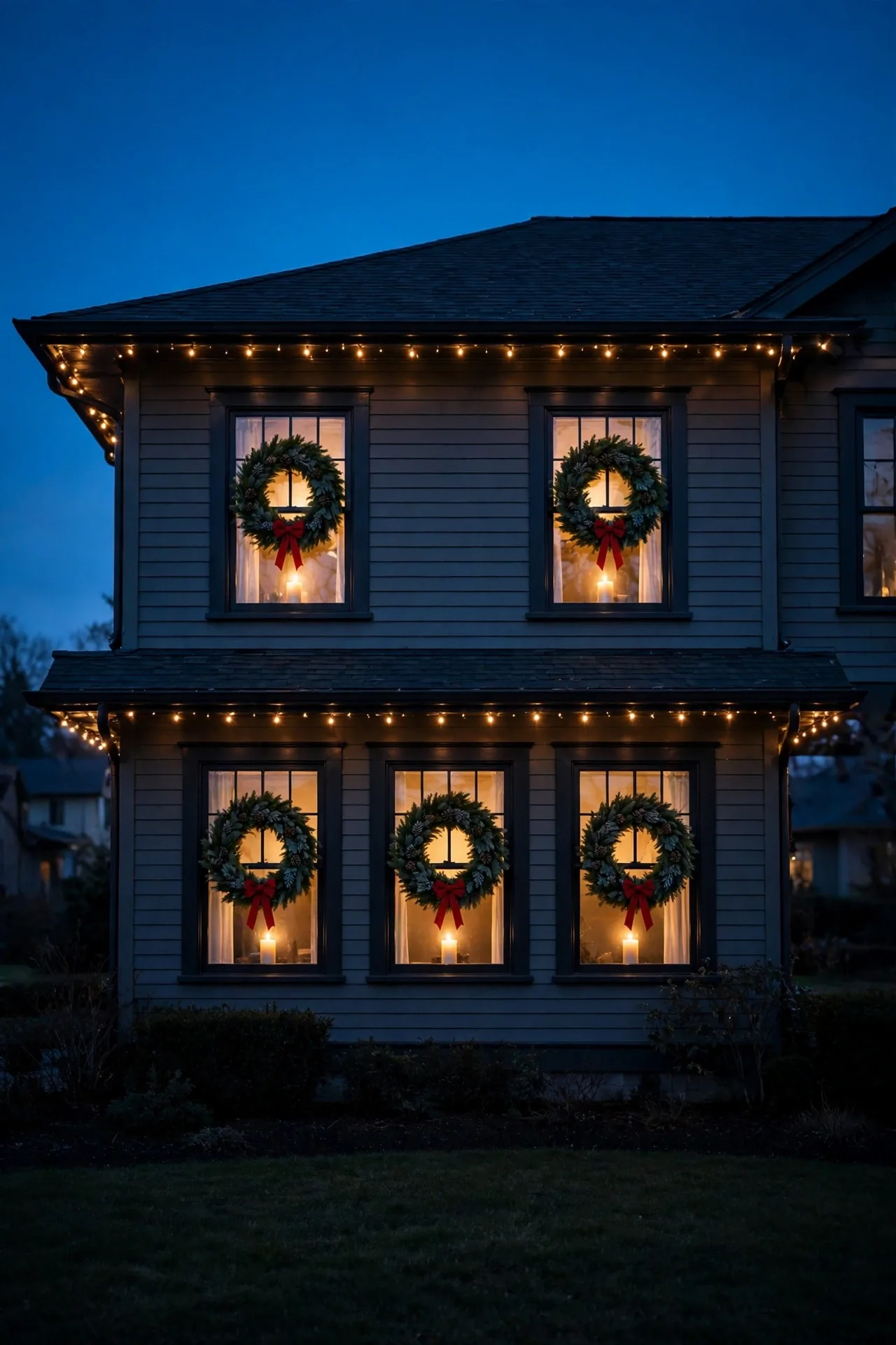 christmas wreaths on every front window exterior