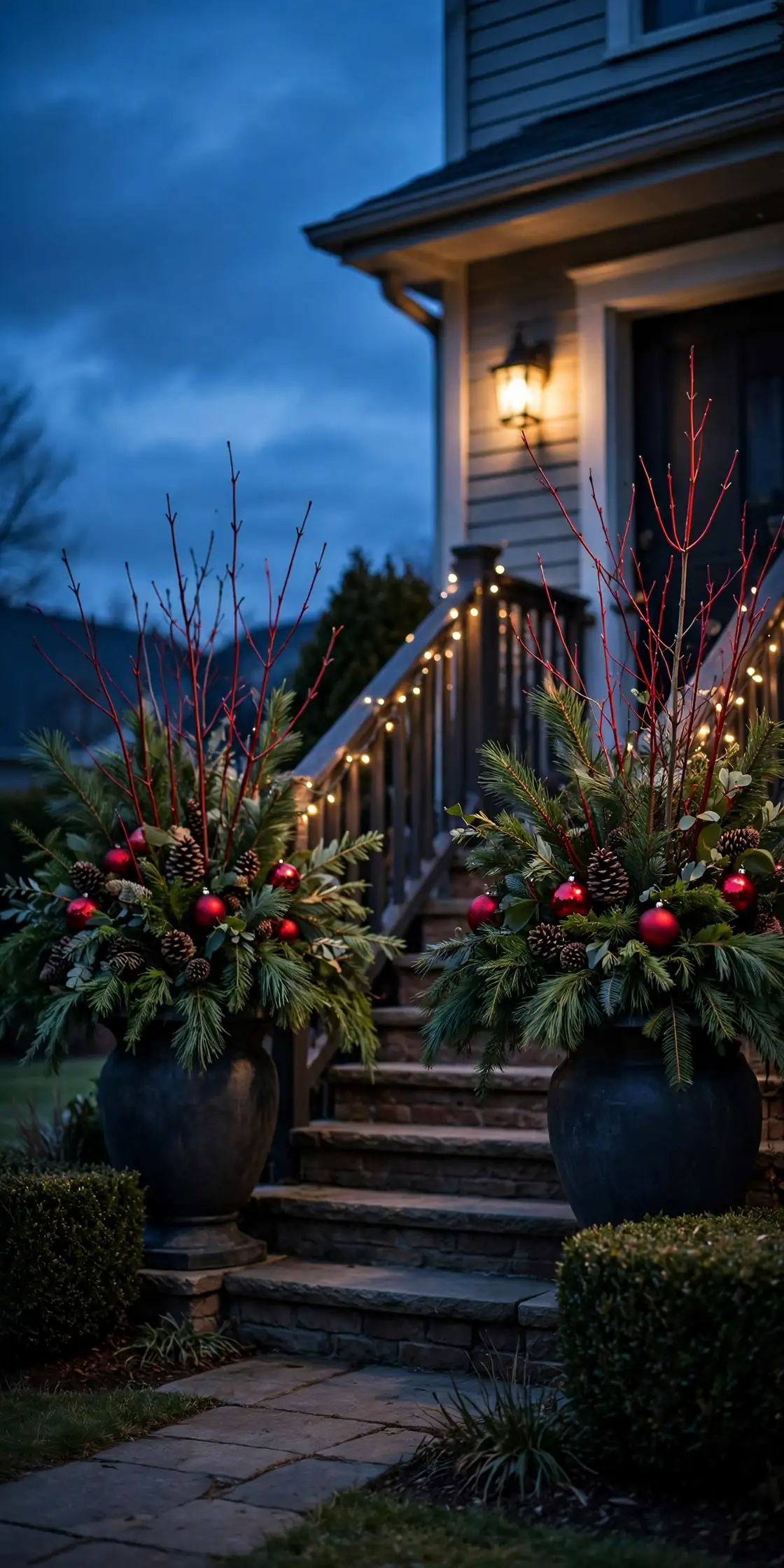 winter planter urns evergreen ornaments front yard