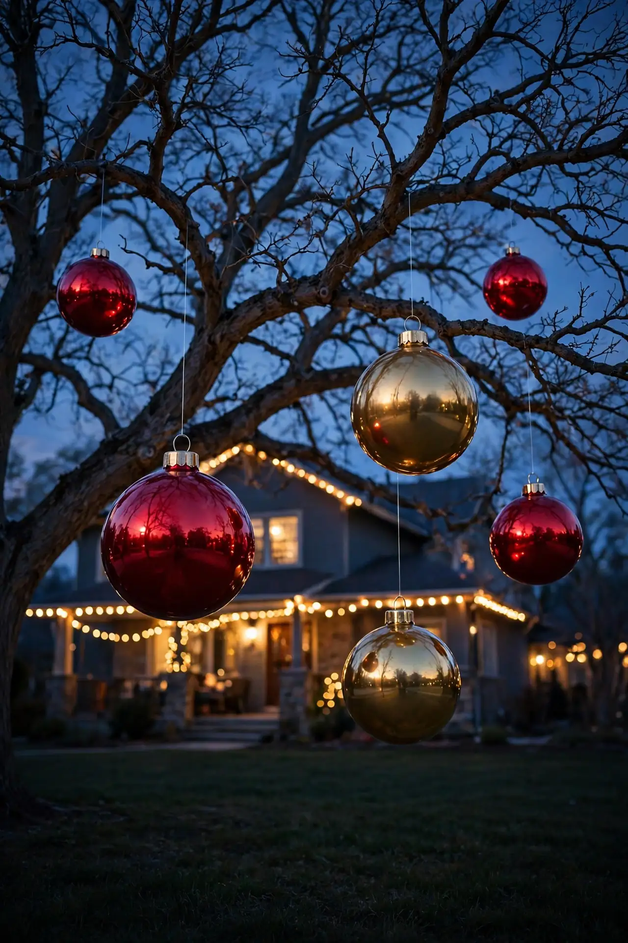 oversized ornaments hanging from tree branches yard